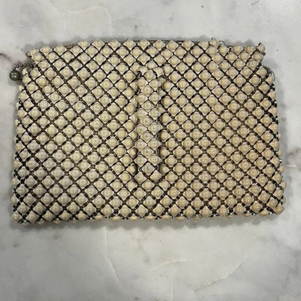 VTG 1950s Lattice Beaded Clutch‎ Purse Ivory Plastic Beads Japan Satin Lining